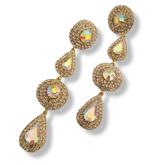 AURORA BOREALIS CZ Gold Teardrop Discs Statement Earrings Evening Wedding - Picture 9 of 12